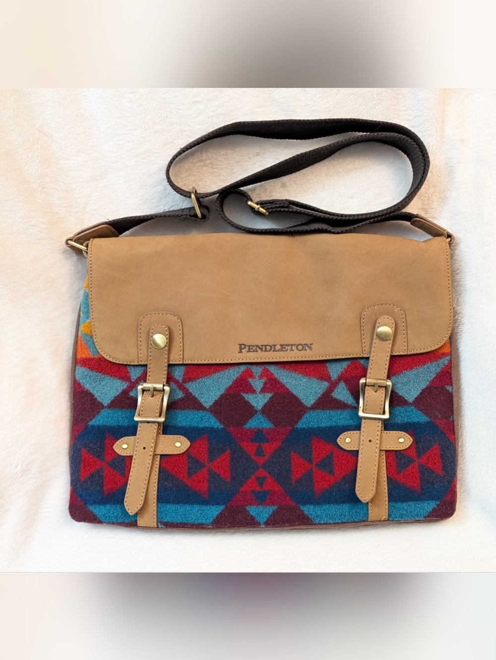 Vtg Pendleton Leather wool Messenger Laptop Bag crossbody EUC 15" x 11.5"